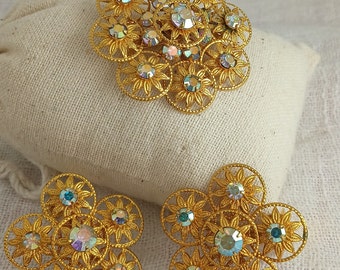 Vintage 1960s Pierced Metal and Aurora Borealis Rhinestone Brooch and Clip-On Earrings