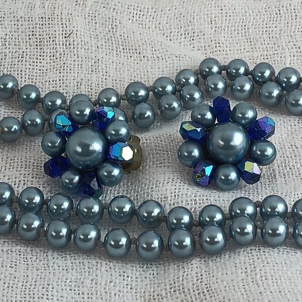 Vintage 1950s-60s Japan Gray Pearl Strand Necklace and Crystal Bead Earrings Set