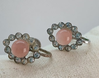 Vintage Ann Vien Sterling Pink Moonglow and Rhinestone Screw-Back Earrings