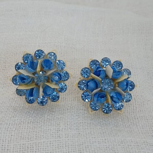 Vintage Mid-Century Blue Rhinestone and White Shell Earrings