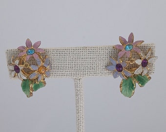 Vintage 1960s Rhinestone Flower Earrings — Austrian, Clip-on earrings