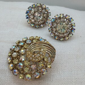 Vintage MCM Rhinestone Circle Brooch and Clip-On Earrings