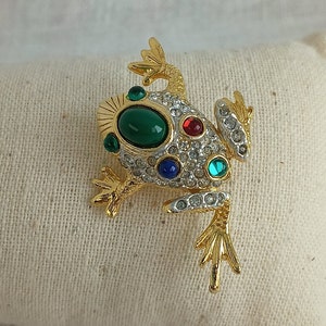 Vintage Colorful Rhinestone Frog Brooch — Gift for Her, Frog Jewelry