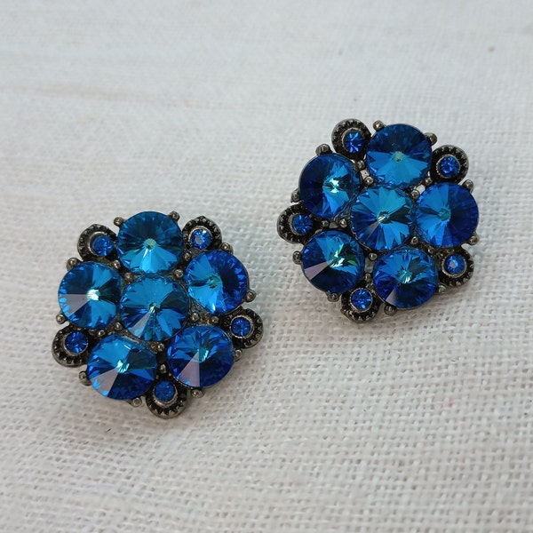 Vintage 1950s-60s Signed Weiss Blue Rhinestone Clip-on Earrings