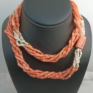 Vintage Mid-Century Coral and Kashi Pearl Necklace—32&quot;, Multi-Strand