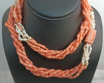 Vintage Mid-Century Coral and Kashi Pearl Necklace—32", Multi-Strand