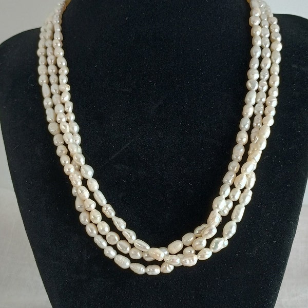 Vintage Triple Strand River Pearl Necklace — Wedding Jewelry, Gift for Mom