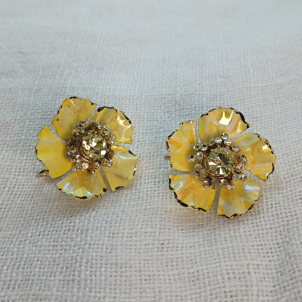 Vintage Coro Yellow Flower & Rhinestone Clip-On Earrings