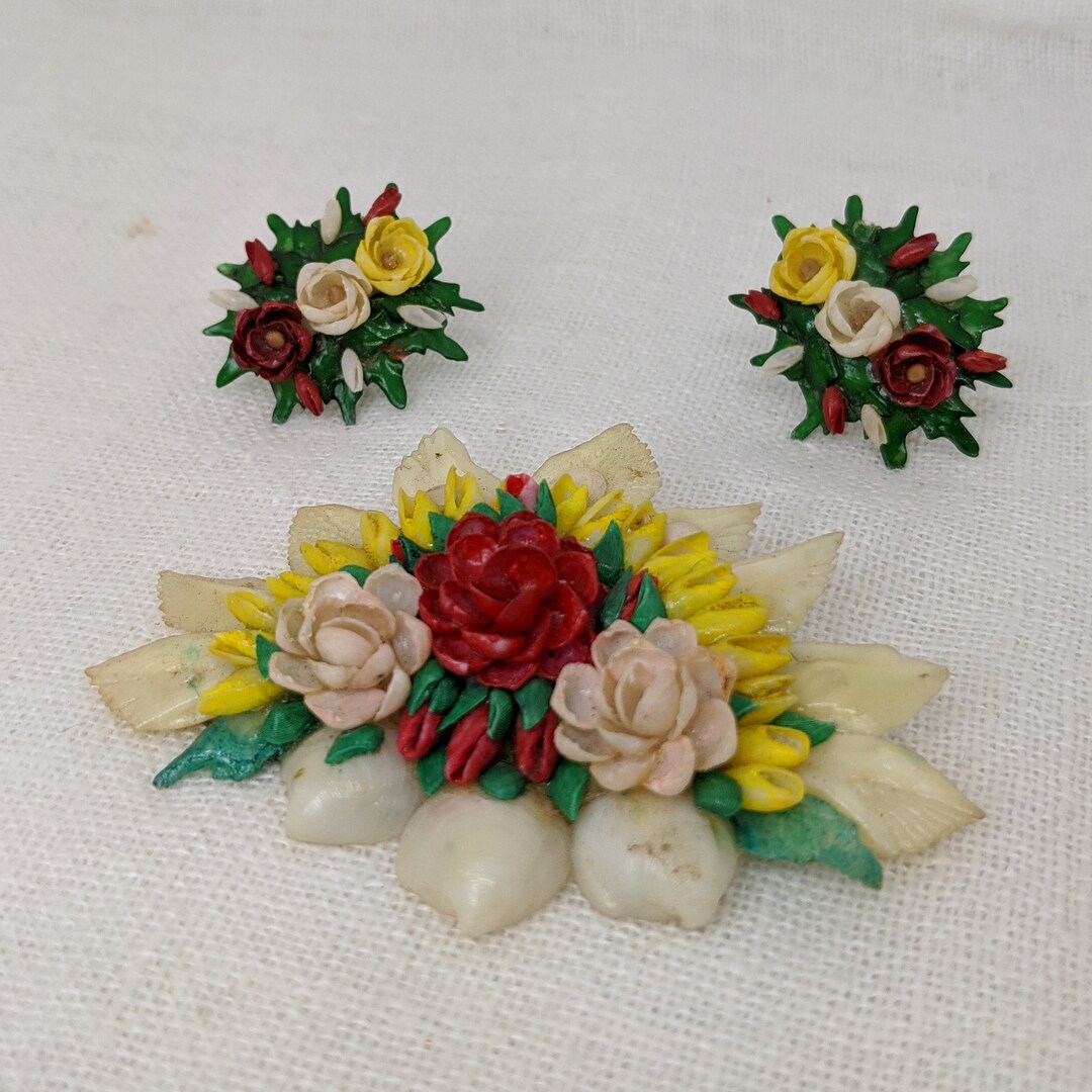 Conjunto de joyas de concha de verano retro vintage broche y