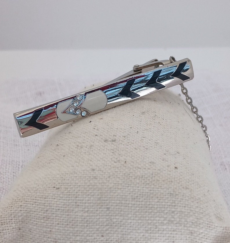 Vintage 1960s Retro Rhinestone and Enamel Tie Bar Wedding, Father's Day Gift for Him image 2