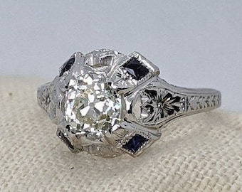 c1930s Art Deco 1.04ct Old Mine Cut Diamond and Synthetic Sapphire Accent Engagement Ring