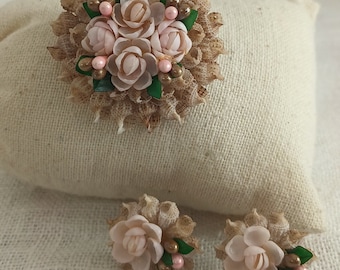 Vintage 1960s Pink Floral Seashell Brooch and Earring Set