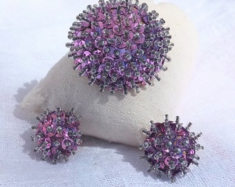 Handmade, Vintage 1960s Purple Sequin and Bead Brooch and Screw-Back Earrings Set