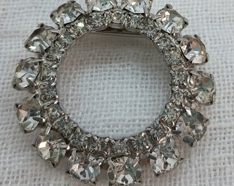 Vintage Rhinestone Circle Brooch: Mid Century Wedding Jewelry