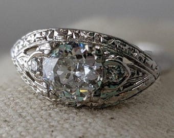 1930s Art Deco Platinum Engagement Ring —.85ct Old European Cut E-F Color