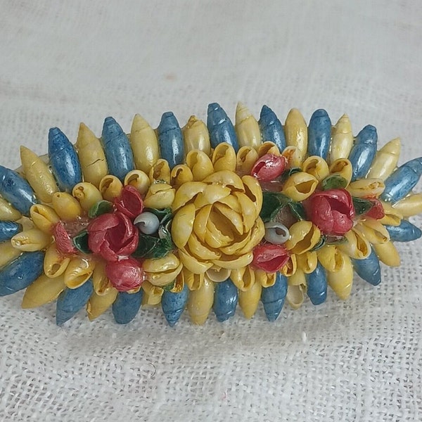 Vintage 1930s-1940s Handmade Yellow and Blue Floral Shell Brooch — Retro Tiki Jewelry