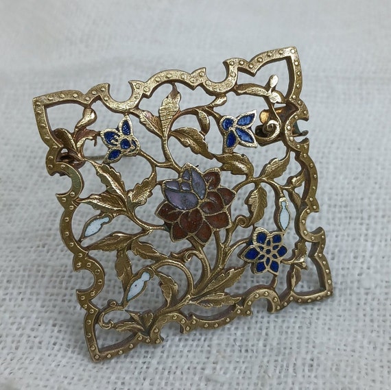 Antique Enamel Filigree Floral Brooch - image 1