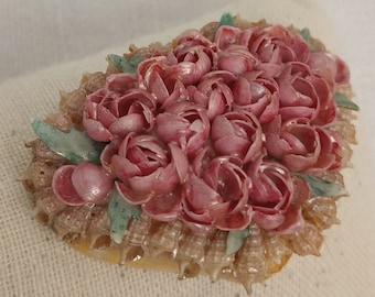 Vintage Retro 1940s Handmade Pink Roses Shell Brooch — Summer Jewelry, Gift for Her