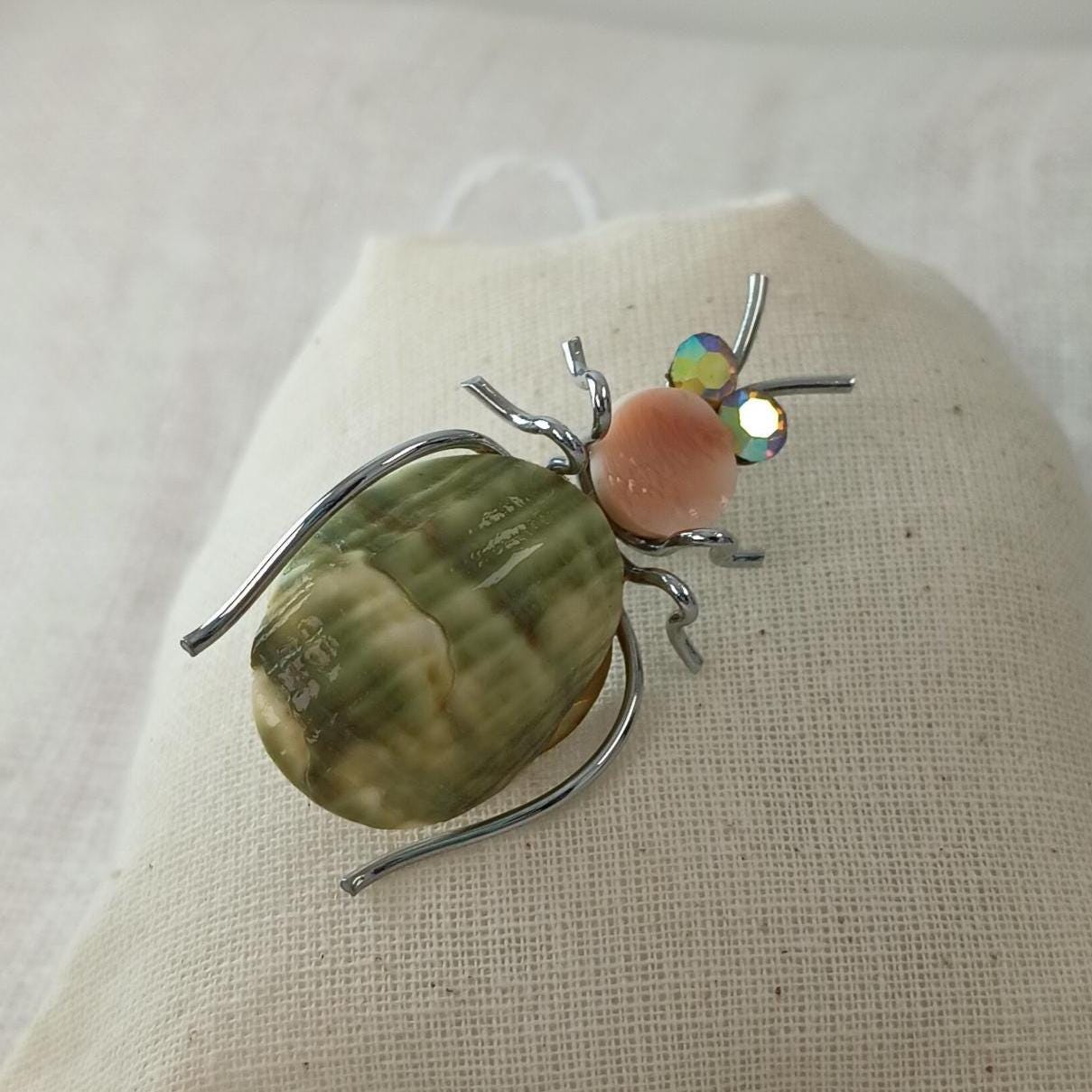 Vintage 1960s  Bug Brooch Made of Pink and Green Shells with Rhinestone Accents — Summer Jewelry, Gift for Her