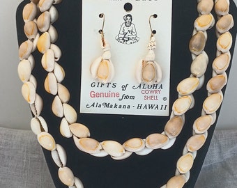 Vintage Hawaiian Cowrie Shell Necklace and Earrings Set