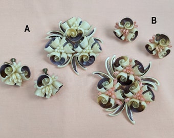 Vintage Mid Century Shell Jewelry Brooch and Earrings — Vintage Summer Jewelry Set — Vintage Hawaiian Jewelry Gift
