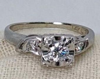 Vintage 1950-60s Mid-Century .22cttw Round Cut Diamond 14k White Gold Engagement Ring
