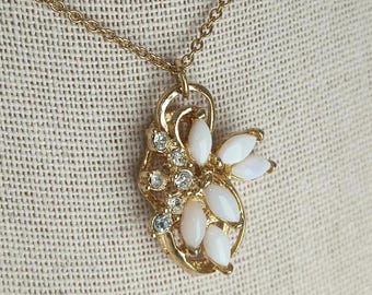 Vintage Gold-Plated Pendant Necklace: Faux Opal, Rhinestone, 18" Chain