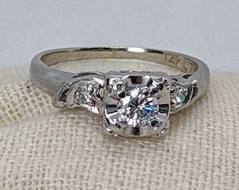 Vintage 1950-60s Mid-Century .22cttw Round Cut Diamond 14k White Gold Engagement Ring