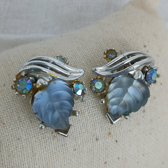 Signed Art Thermoset Leaves and Rhinestone Earrin… - image 1
