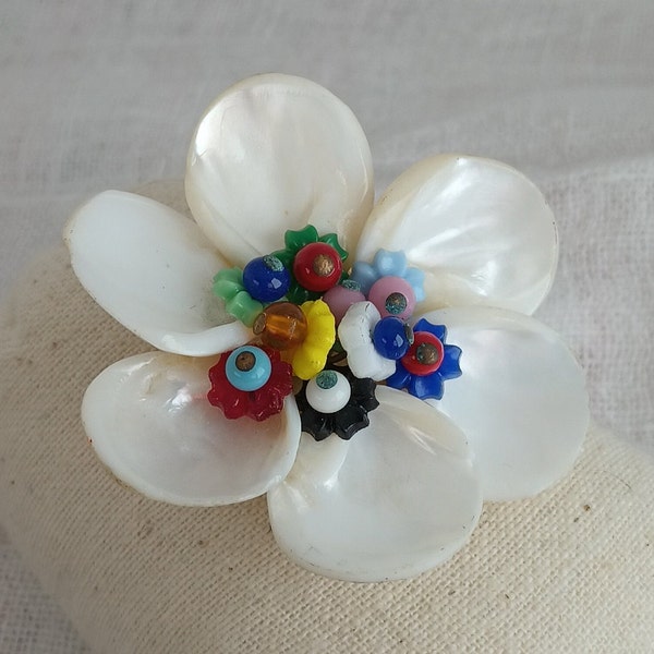 Vintage 1950s Beaded Shell Flower Brooch