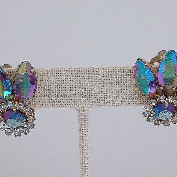 Vintage 1960 Aurora Borealis Peacock Rhinestone Statement Earrings