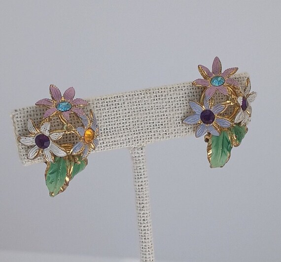 Vintage 1960s Rhinestone Flower Earrings — Austri… - image 2