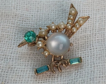 Vintage Mid-Century Rhinestone  Moon Glow Bird Brooch