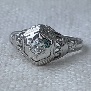Art Deco 14k White Gold Filigree and .10ct Old European Cut Diamond Ring