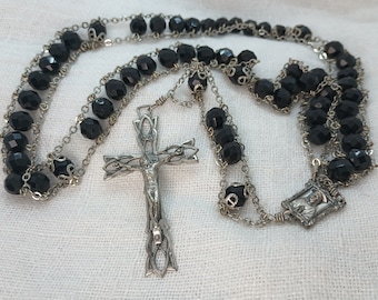 Terço católico antigo italiano com contas de cristal preto — Design exclusivo de corrente dupla