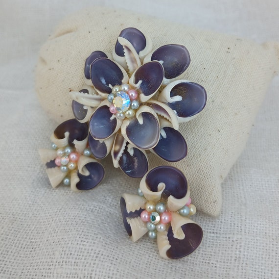 Vintage Mid Century Handmade Purple Shell and Rhi… - image 2