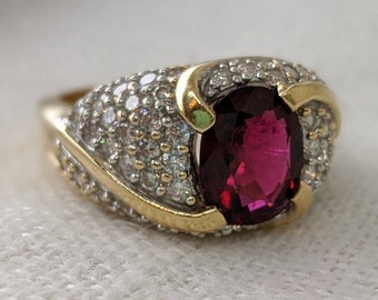 Vintage Rubellite Tourmaline Diamond Ring: 14k Gold Statement Ring, Size 7