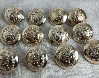 Conjunto de 12 botões de latão do exército britânico de 2,5 cm (1 polegada): Coroa da Rainha Elizabeth, estilo vintage da década de 1950.