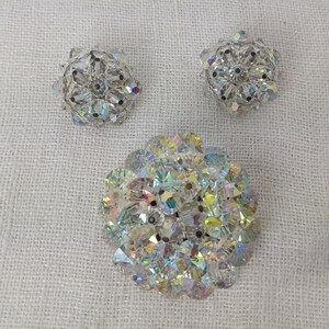 Vintage Aurora Borealis Beaded Brooch and Clip On Earrings — 1960s Retro Mid Century Jewelry Set