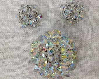 Vintage Aurora Borealis Beaded Brooch and Clip On Earrings — 1960s Retro Mid Century Jewelry Set