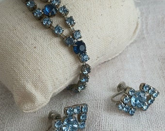 Vintage 1950s Light Blue Rhinestone Bracelet and Earrings Jewelry Set