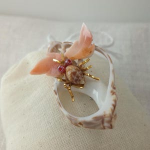 May include: A seashell brooch with a pink seashell butterfly and a brown seashell body. The brooch has gold accents and red beads for eyes.