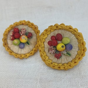 Rockabilly 1950s Retro Yellow Straw Tropical Tiki Clip On Statement Earrings