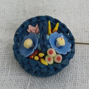 Retro 1950s Blue Tropical Fruits and Flowers Basket Brooch