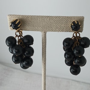 Vintage 1950s Black Bead Cluster Dangle Earrings — Long 2&quot; Drop, Clip-On Backs