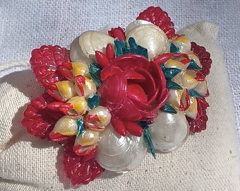 Vintage 1950s Shell Jewelry Brooch in Tropical Red and Yellow