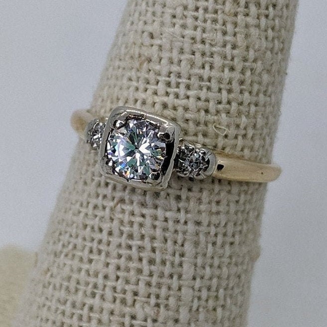 Vintage Mid Century 14k Three Stone .37cttw Diamond Engagement Ring — Size 5.5, Anniversary Ring, Gift for New Mother