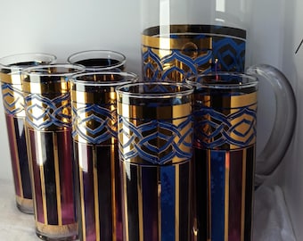 Vintage 1960s West Virginia Glass Cocktail Pitcher Set: Gold Gilt Oriental Design