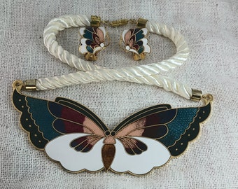 Cloisonne White Butterfly Bib Necklace & Earrings Set—Vintage 1980s New/Old Stock