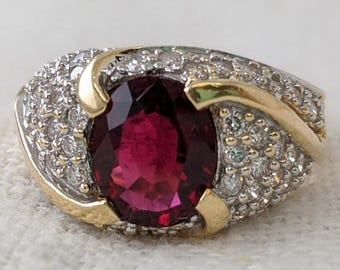 Vintage Rubellite Tourmaline Diamond Ring: 14k Gold Statement Ring, Size 7